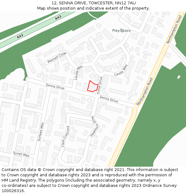 12, SENNA DRIVE, TOWCESTER, NN12 7AU: Location map and indicative extent of plot