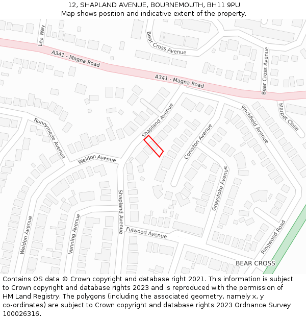 12, SHAPLAND AVENUE, BOURNEMOUTH, BH11 9PU: Location map and indicative extent of plot