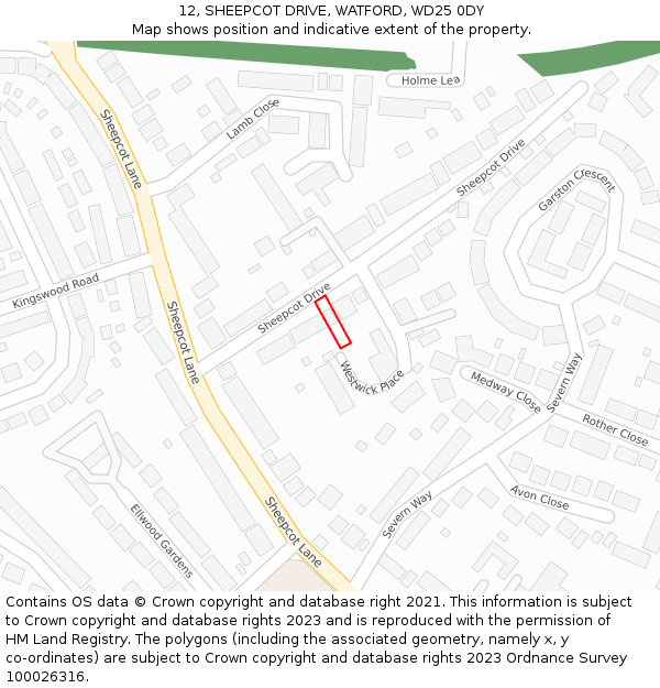 12, SHEEPCOT DRIVE, WATFORD, WD25 0DY: Location map and indicative extent of plot