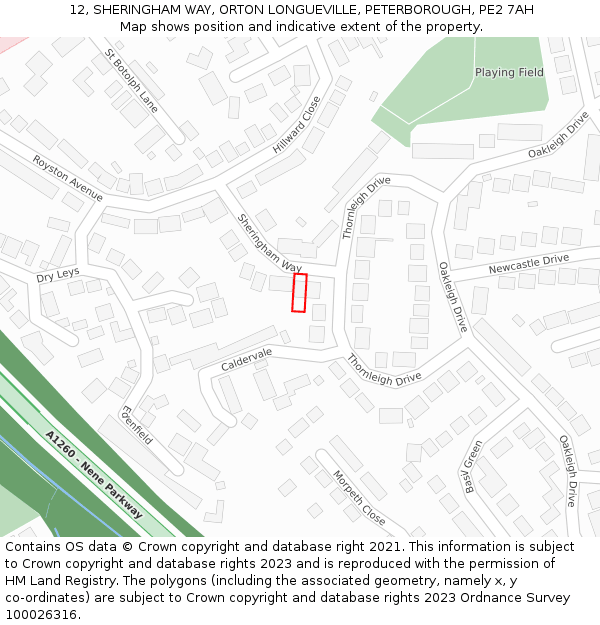12, SHERINGHAM WAY, ORTON LONGUEVILLE, PETERBOROUGH, PE2 7AH: Location map and indicative extent of plot
