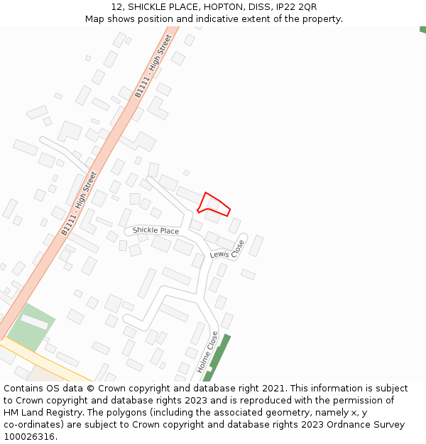 12, SHICKLE PLACE, HOPTON, DISS, IP22 2QR: Location map and indicative extent of plot