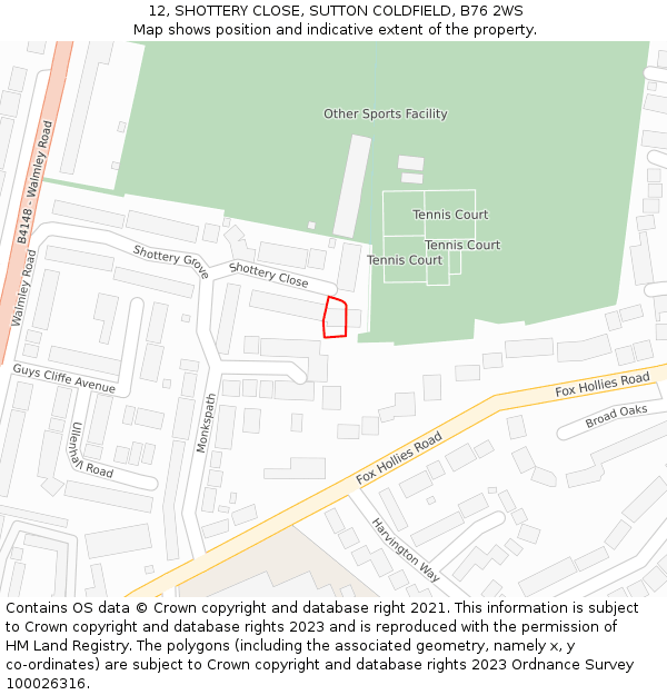 12, SHOTTERY CLOSE, SUTTON COLDFIELD, B76 2WS: Location map and indicative extent of plot