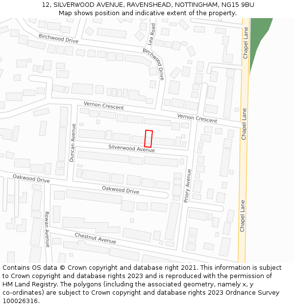 12, SILVERWOOD AVENUE, RAVENSHEAD, NOTTINGHAM, NG15 9BU: Location map and indicative extent of plot