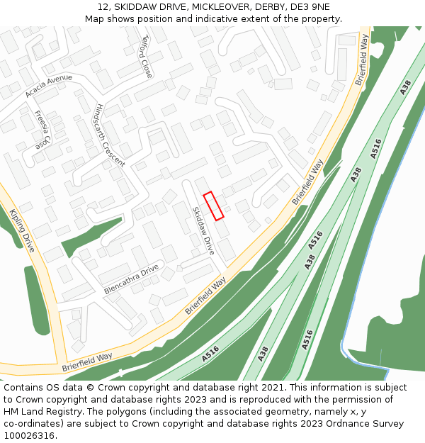 12, SKIDDAW DRIVE, MICKLEOVER, DERBY, DE3 9NE: Location map and indicative extent of plot