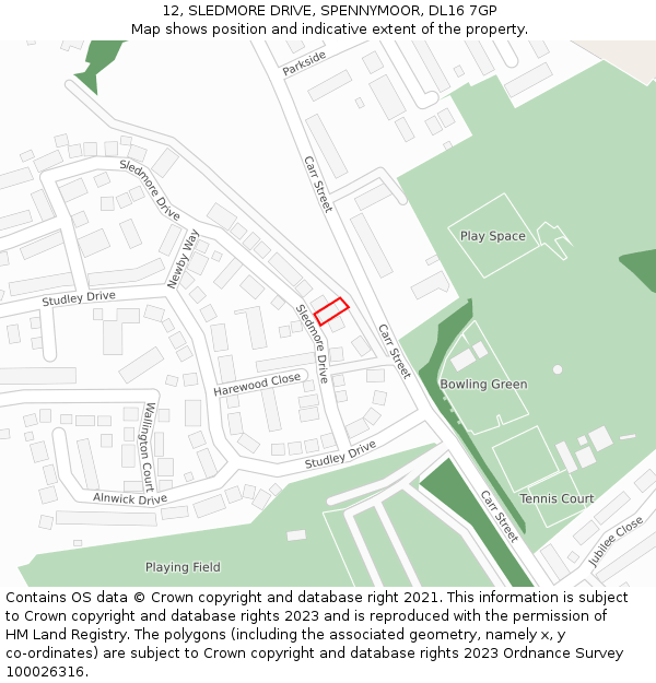 12, SLEDMORE DRIVE, SPENNYMOOR, DL16 7GP: Location map and indicative extent of plot