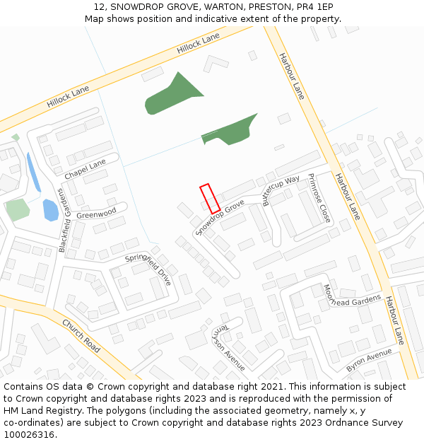12, SNOWDROP GROVE, WARTON, PRESTON, PR4 1EP: Location map and indicative extent of plot