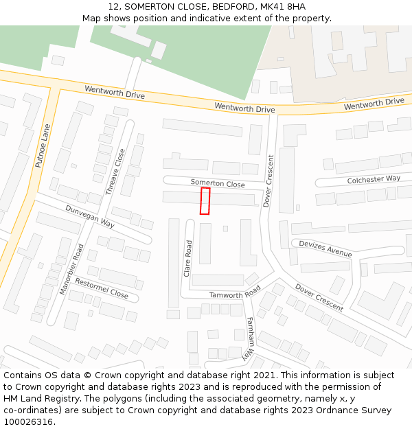 12, SOMERTON CLOSE, BEDFORD, MK41 8HA: Location map and indicative extent of plot