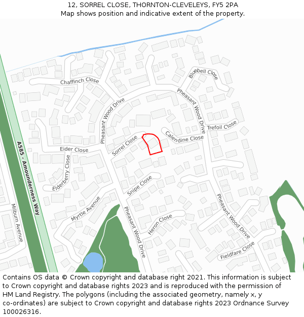 12, SORREL CLOSE, THORNTON-CLEVELEYS, FY5 2PA: Location map and indicative extent of plot
