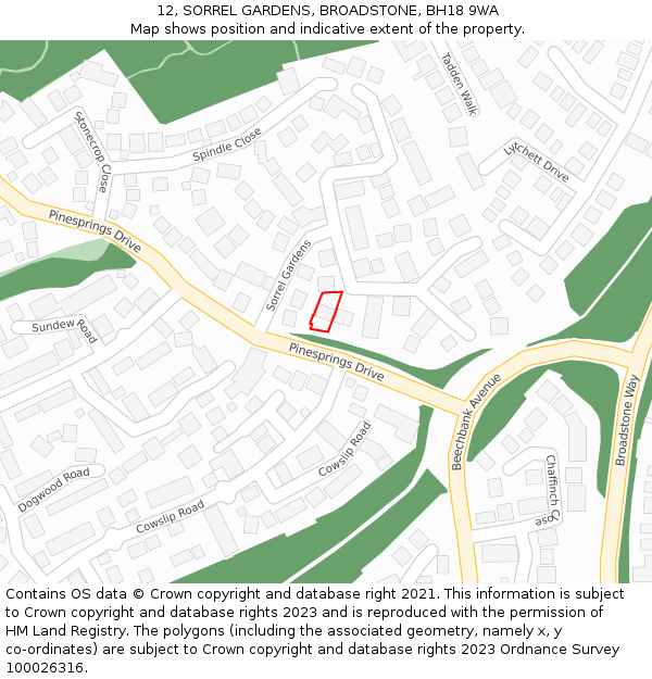 12, SORREL GARDENS, BROADSTONE, BH18 9WA: Location map and indicative extent of plot