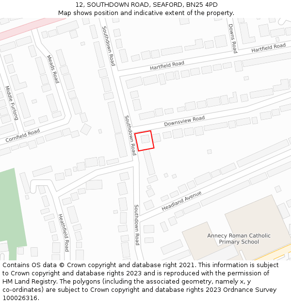 12, SOUTHDOWN ROAD, SEAFORD, BN25 4PD: Location map and indicative extent of plot