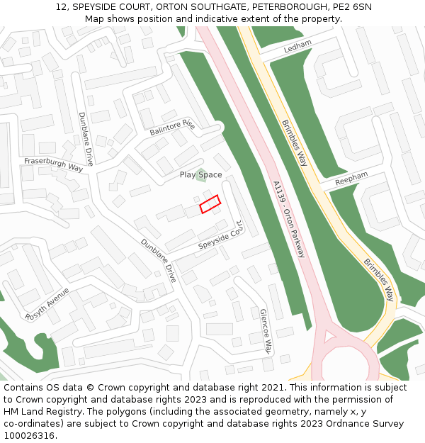 12, SPEYSIDE COURT, ORTON SOUTHGATE, PETERBOROUGH, PE2 6SN: Location map and indicative extent of plot