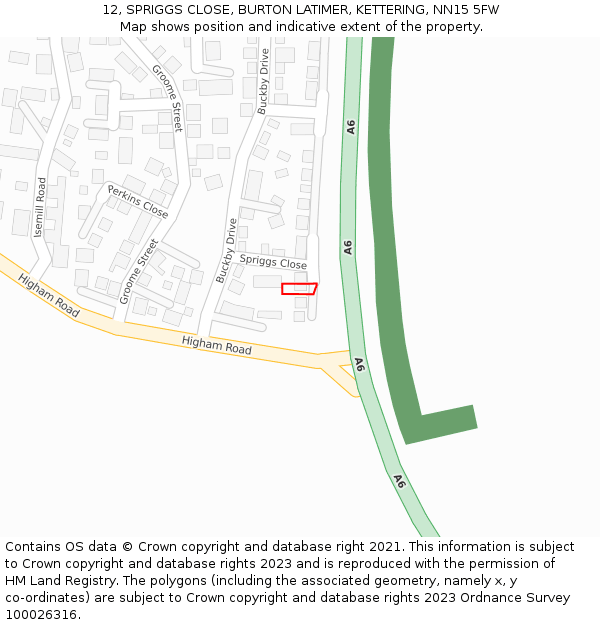 12, SPRIGGS CLOSE, BURTON LATIMER, KETTERING, NN15 5FW: Location map and indicative extent of plot