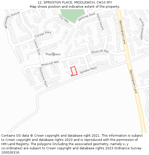 12, SPROSTON PLACE, MIDDLEWICH, CW10 0FY: Location map and indicative extent of plot
