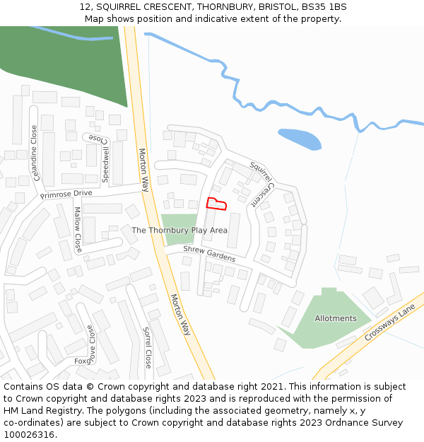 12, SQUIRREL CRESCENT, THORNBURY, BRISTOL, BS35 1BS: Location map and indicative extent of plot