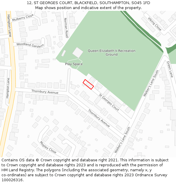 12, ST GEORGES COURT, BLACKFIELD, SOUTHAMPTON, SO45 1FD: Location map and indicative extent of plot