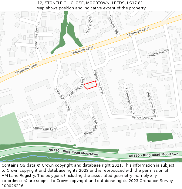 12, STONELEIGH CLOSE, MOORTOWN, LEEDS, LS17 8FH: Location map and indicative extent of plot