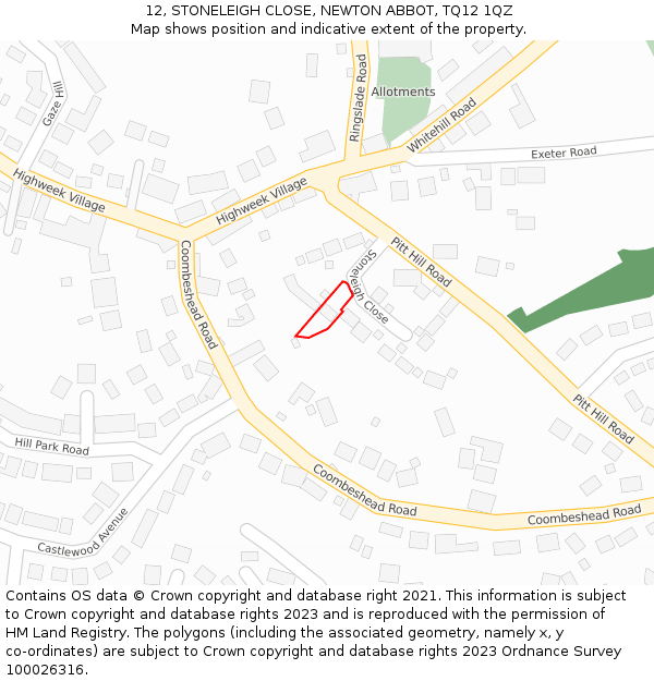 12, STONELEIGH CLOSE, NEWTON ABBOT, TQ12 1QZ: Location map and indicative extent of plot