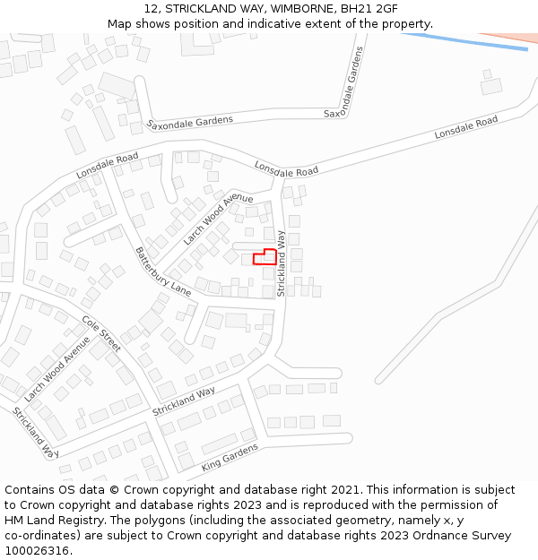 12, STRICKLAND WAY, WIMBORNE, BH21 2GF: Location map and indicative extent of plot