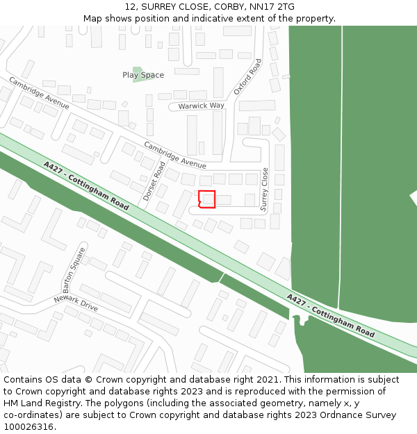12, SURREY CLOSE, CORBY, NN17 2TG: Location map and indicative extent of plot