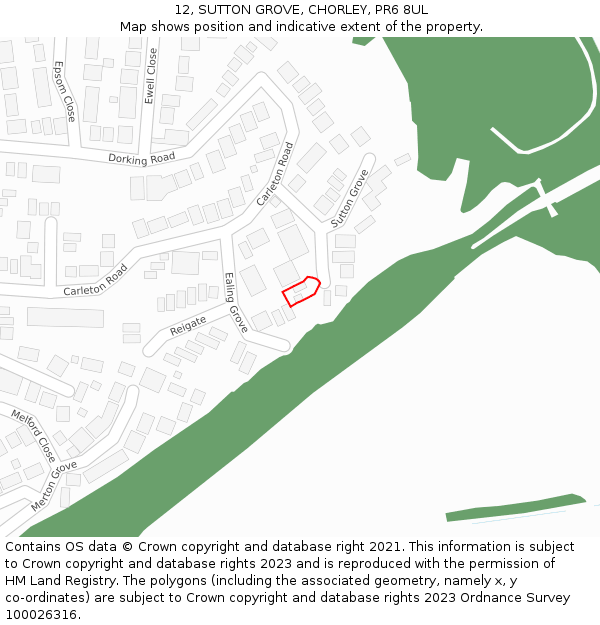 12, SUTTON GROVE, CHORLEY, PR6 8UL: Location map and indicative extent of plot