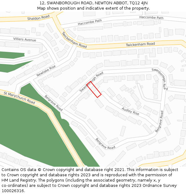 12, SWANBOROUGH ROAD, NEWTON ABBOT, TQ12 4JN: Location map and indicative extent of plot