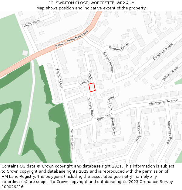 12, SWINTON CLOSE, WORCESTER, WR2 4HA: Location map and indicative extent of plot