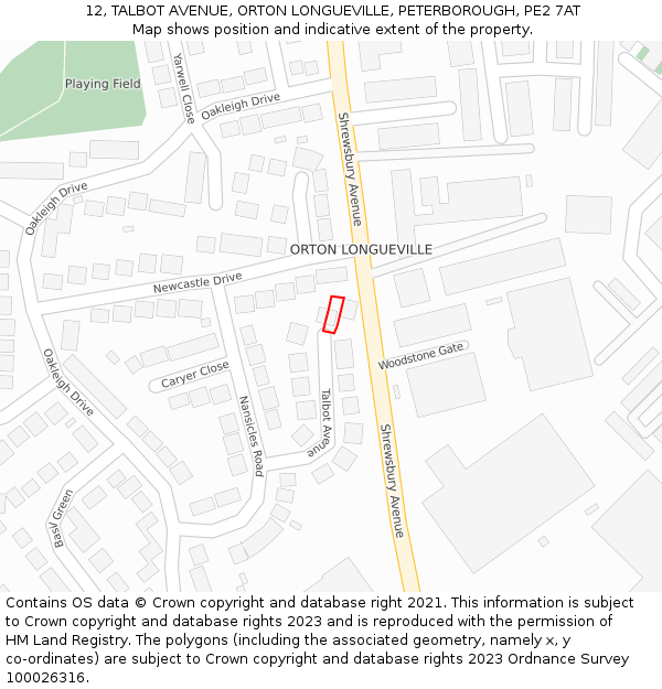 12, TALBOT AVENUE, ORTON LONGUEVILLE, PETERBOROUGH, PE2 7AT: Location map and indicative extent of plot