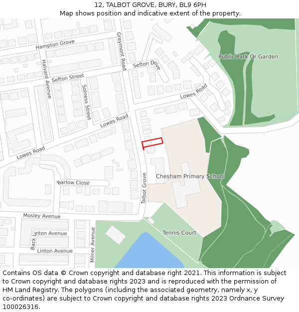 12, TALBOT GROVE, BURY, BL9 6PH: Location map and indicative extent of plot