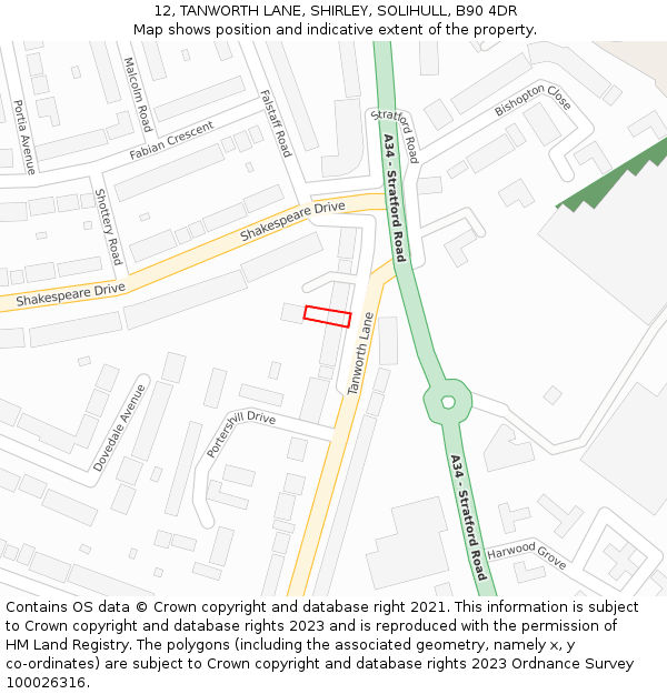 12, TANWORTH LANE, SHIRLEY, SOLIHULL, B90 4DR: Location map and indicative extent of plot
