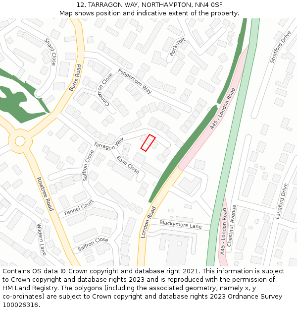 12, TARRAGON WAY, NORTHAMPTON, NN4 0SF: Location map and indicative extent of plot