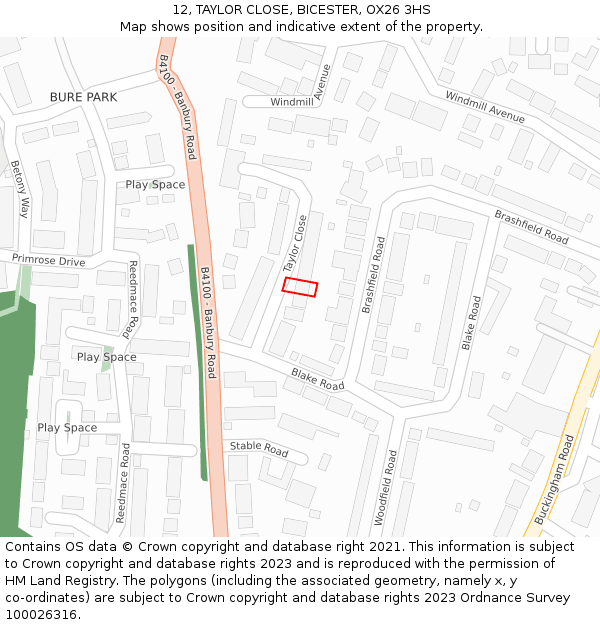 12, TAYLOR CLOSE, BICESTER, OX26 3HS: Location map and indicative extent of plot