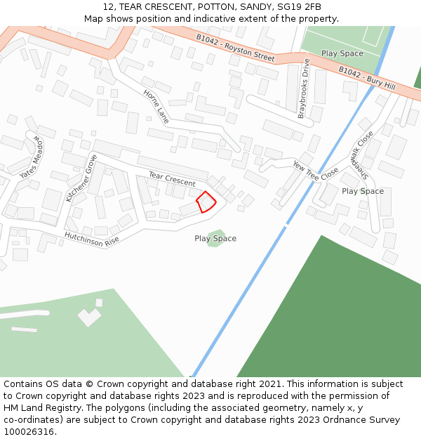12, TEAR CRESCENT, POTTON, SANDY, SG19 2FB: Location map and indicative extent of plot