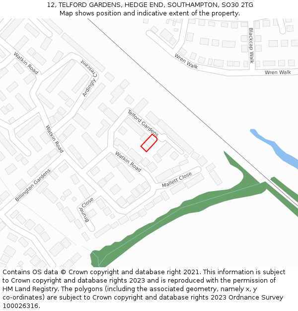 12, TELFORD GARDENS, HEDGE END, SOUTHAMPTON, SO30 2TG: Location map and indicative extent of plot
