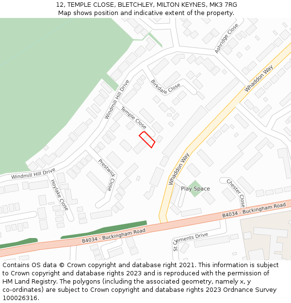 12, TEMPLE CLOSE, BLETCHLEY, MILTON KEYNES, MK3 7RG: Location map and indicative extent of plot