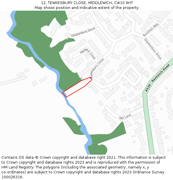 12, TEWKESBURY CLOSE, MIDDLEWICH, CW10 9HT: Location map and indicative extent of plot