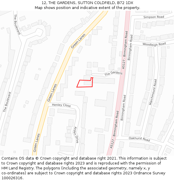 12, THE GARDENS, SUTTON COLDFIELD, B72 1DX: Location map and indicative extent of plot