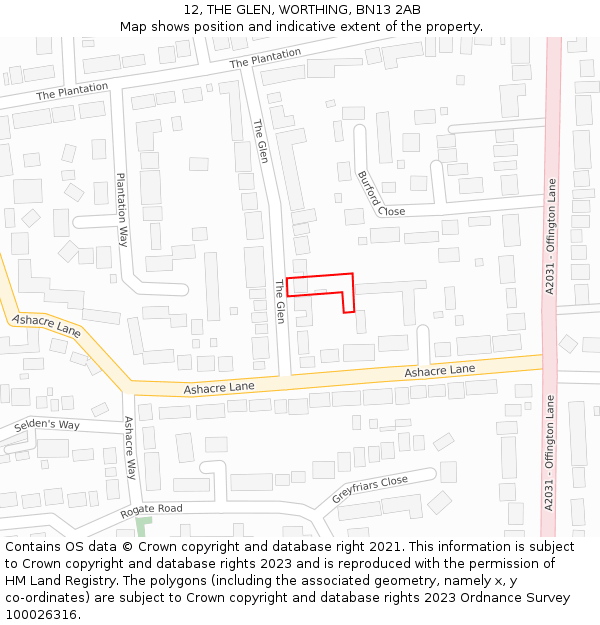 12, THE GLEN, WORTHING, BN13 2AB: Location map and indicative extent of plot