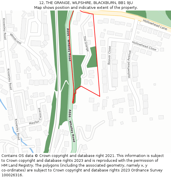 12, THE GRANGE, WILPSHIRE, BLACKBURN, BB1 9JU: Location map and indicative extent of plot