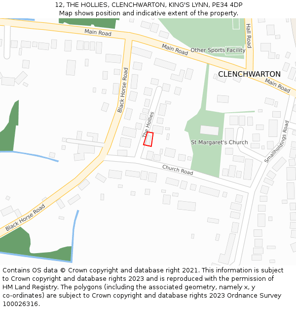12, THE HOLLIES, CLENCHWARTON, KING'S LYNN, PE34 4DP: Location map and indicative extent of plot