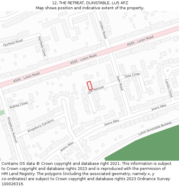 12, THE RETREAT, DUNSTABLE, LU5 4PZ: Location map and indicative extent of plot