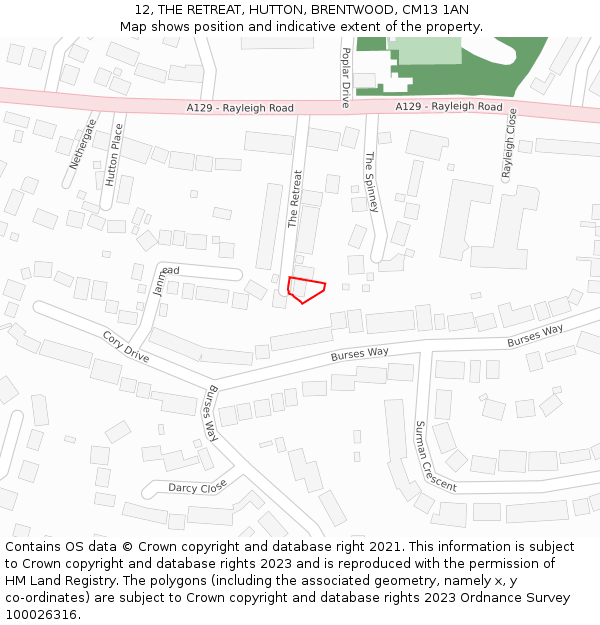 12, THE RETREAT, HUTTON, BRENTWOOD, CM13 1AN: Location map and indicative extent of plot