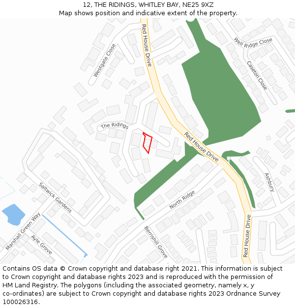 12, THE RIDINGS, WHITLEY BAY, NE25 9XZ: Location map and indicative extent of plot