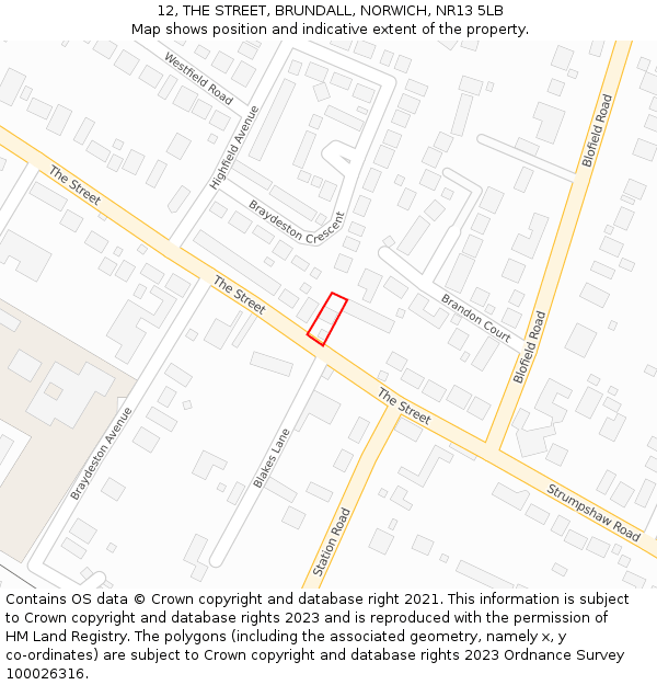 12, THE STREET, BRUNDALL, NORWICH, NR13 5LB: Location map and indicative extent of plot