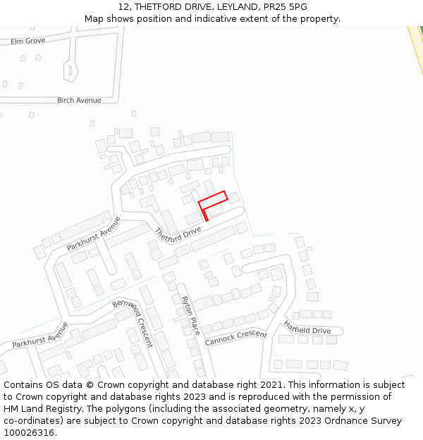 12, THETFORD DRIVE, LEYLAND, PR25 5PG: Location map and indicative extent of plot