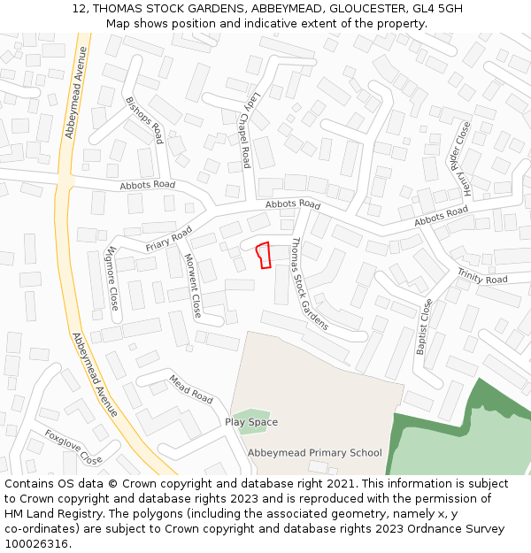 12, THOMAS STOCK GARDENS, ABBEYMEAD, GLOUCESTER, GL4 5GH: Location map and indicative extent of plot