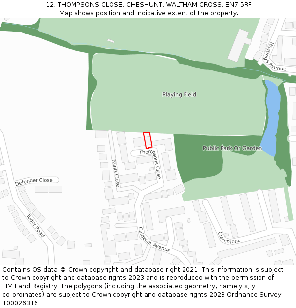 12, THOMPSONS CLOSE, CHESHUNT, WALTHAM CROSS, EN7 5RF: Location map and indicative extent of plot