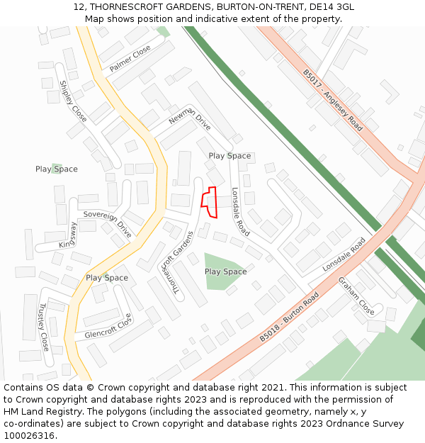 12, THORNESCROFT GARDENS, BURTON-ON-TRENT, DE14 3GL: Location map and indicative extent of plot