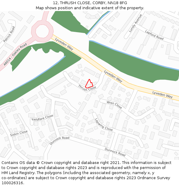 12, THRUSH CLOSE, CORBY, NN18 8FG: Location map and indicative extent of plot