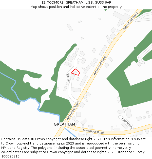 12, TODMORE, GREATHAM, LISS, GU33 6AR: Location map and indicative extent of plot