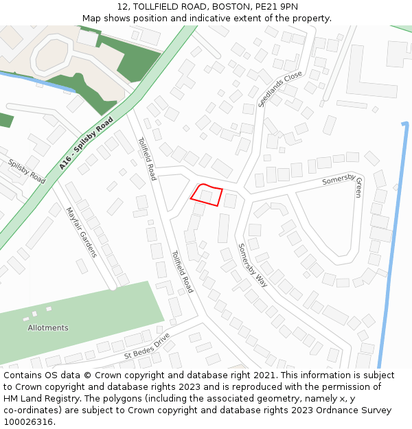 12, TOLLFIELD ROAD, BOSTON, PE21 9PN: Location map and indicative extent of plot